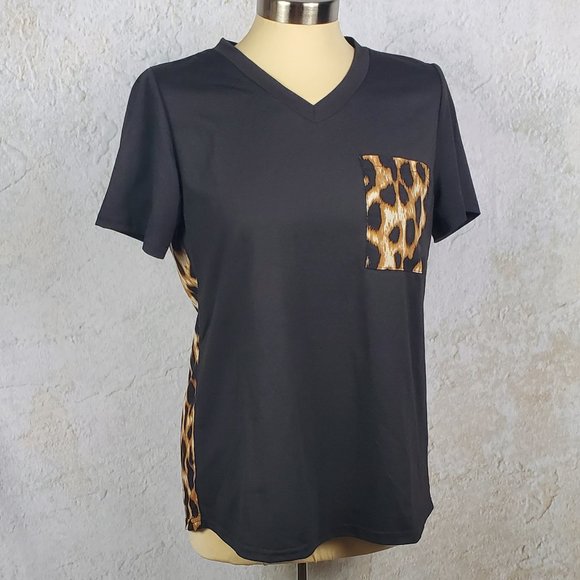 2 Tone, Leopard and Black, V-Neck Pocket T-shirt - Picture 2 of 5